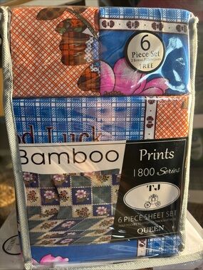 BAMBOO Blue & Orange Floral and Plaid 6-Piece Sheet Set